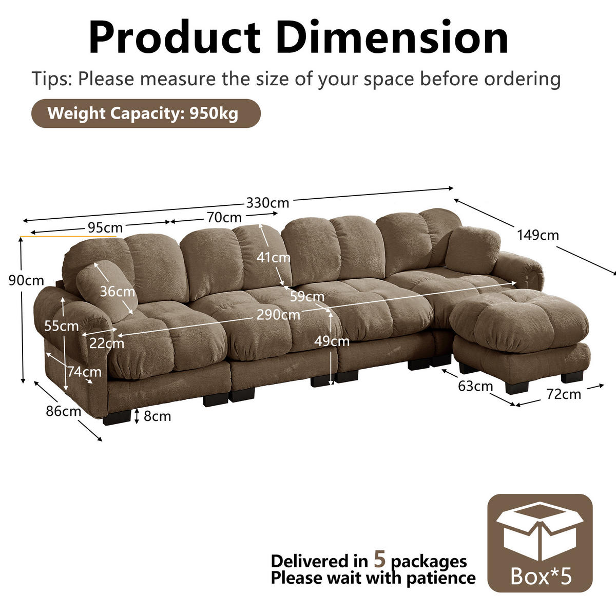 SOFA modular L-Form Braun Chenille - Braun, Holz (149/330cm) - Meubliv