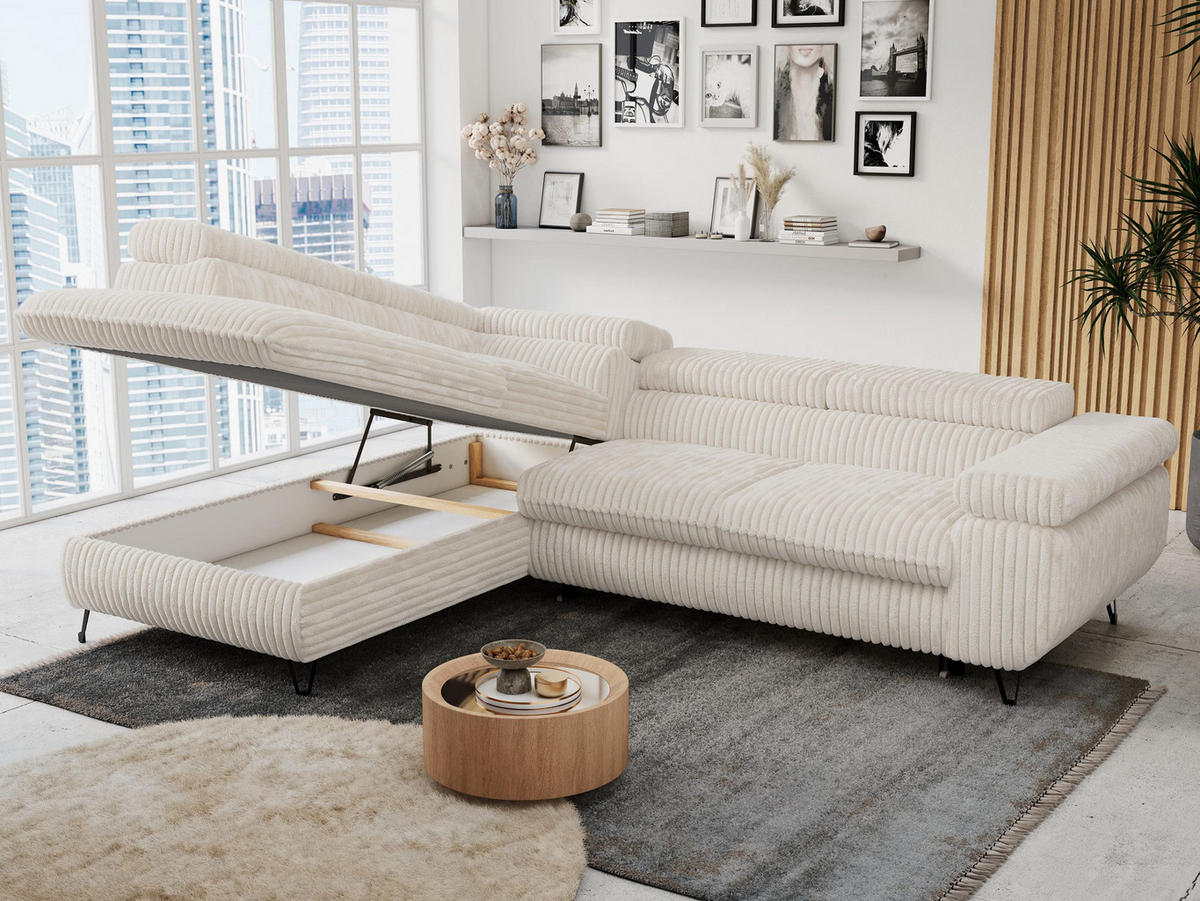 ECKSOFA PETER L Beige Cord - Links Seite - Beige/Schwarz, Textil/Metall (208/273cm) - MKS