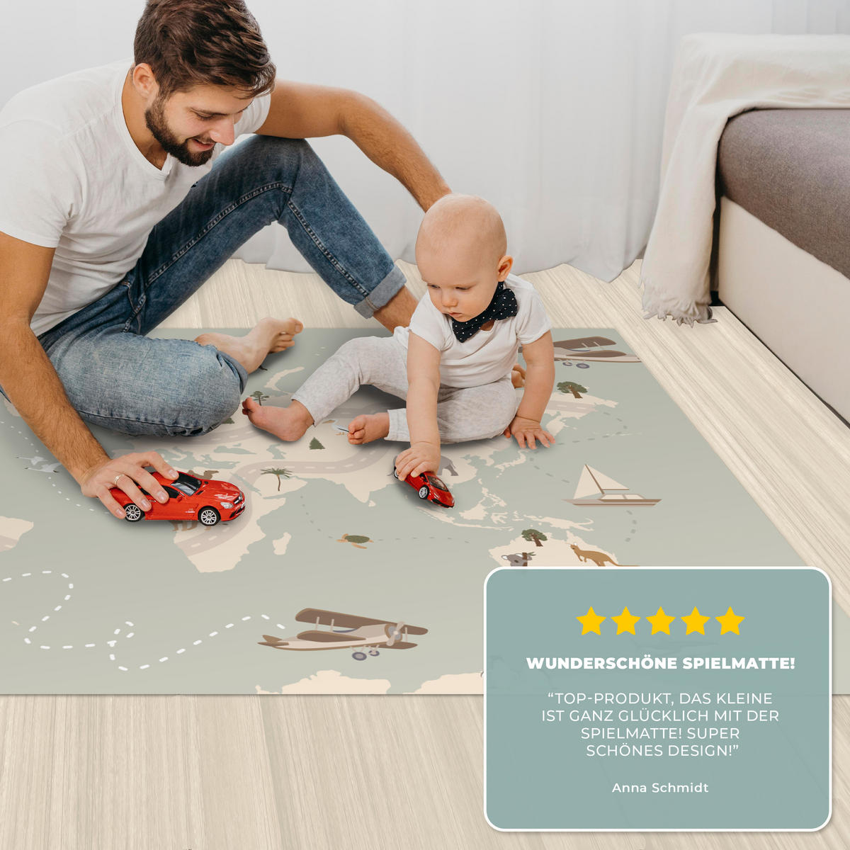 KINDERTEPPICH Weltkarte - Tiere - Flugzeug - Kind - Heißluftballon 135x90 cm - Multicolor, Kunststoff (135/90cm) - MuchoWow