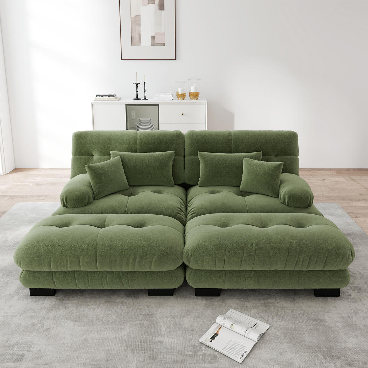 SOFA 2-Sitzer aus Chenille mit 2 Ottomans & modularem Design, grün - Grün, Textil (145/81/220cm) - Luhomfu