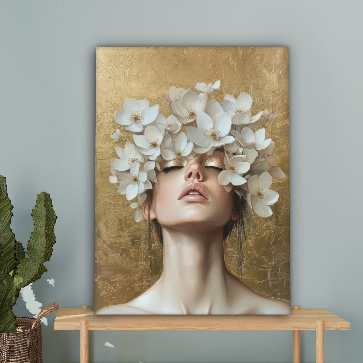 LEINWANDBILD Gesicht - Blumen - Gold - Abstrakt Wandbild Wohnzimmer 60x80 cm - Goldfarben, Textil (60/80cm) - MuchoWow