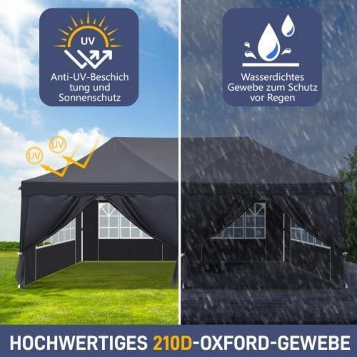 GARTENPAVILLON 3x6m höhenverstellbar wasserdicht mit 6 Seitenteilen dunkelgrau - Anthrazit, Textil (300/255/600cm)