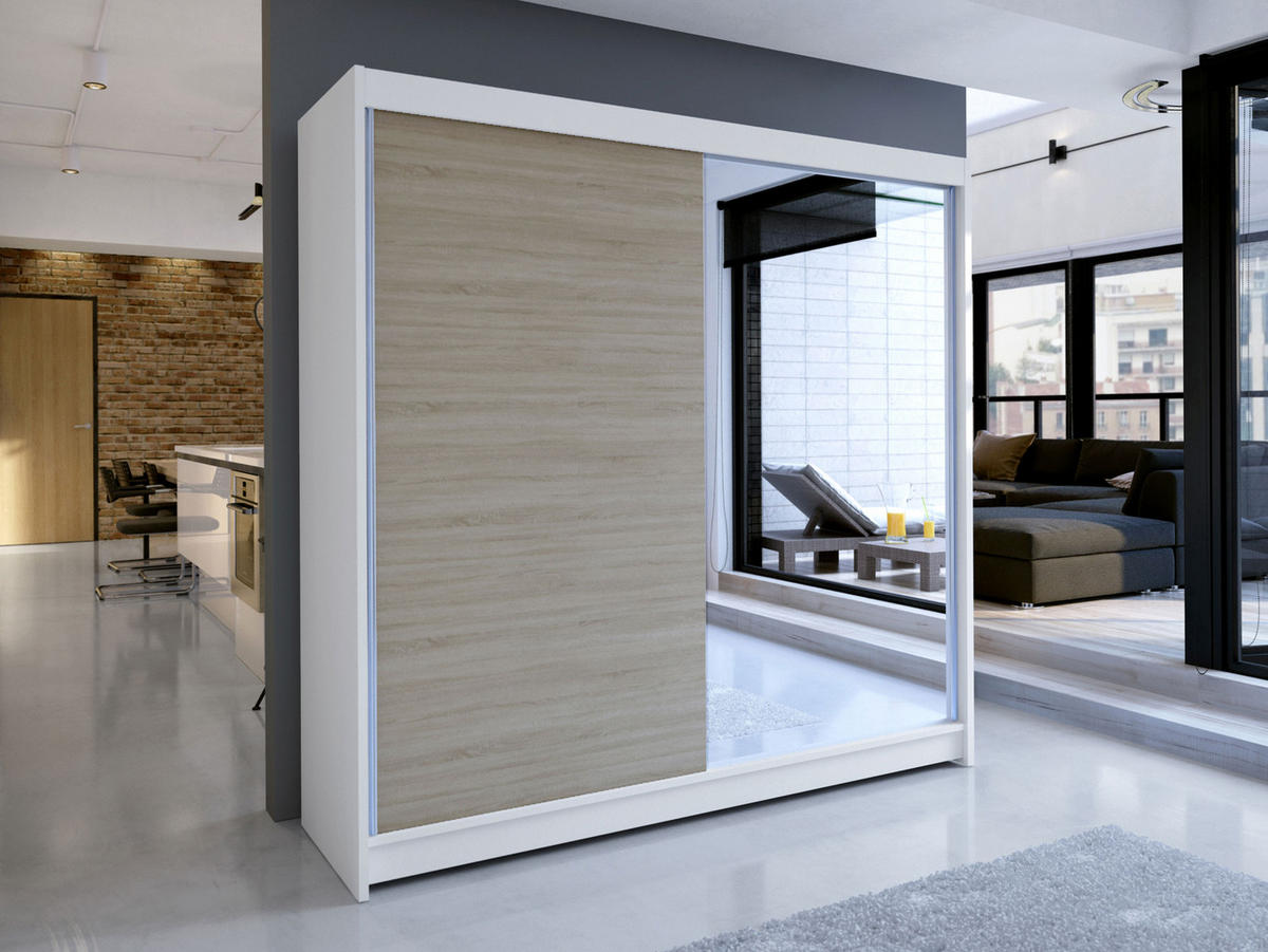 SCHWEBETÜRENSCHRANK Talin I - Beige/Silberfarben, Holzwerkstoff/Metall (180/215/58cm) - MIRJAN24