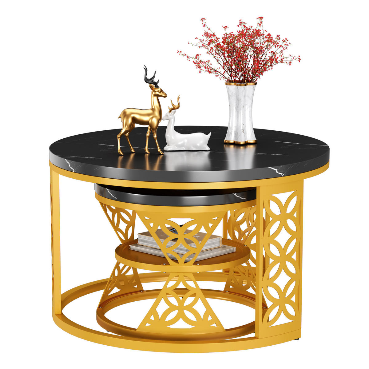 COUCHTISCH 2-teiliges Set Nesting Satztisch 70x70x45 cm + 45x45x37 cm Schwarz und Gold mit Marmor Furnier - Schwarz, Holzwerkstoff (70/70/45cm) - Modfu