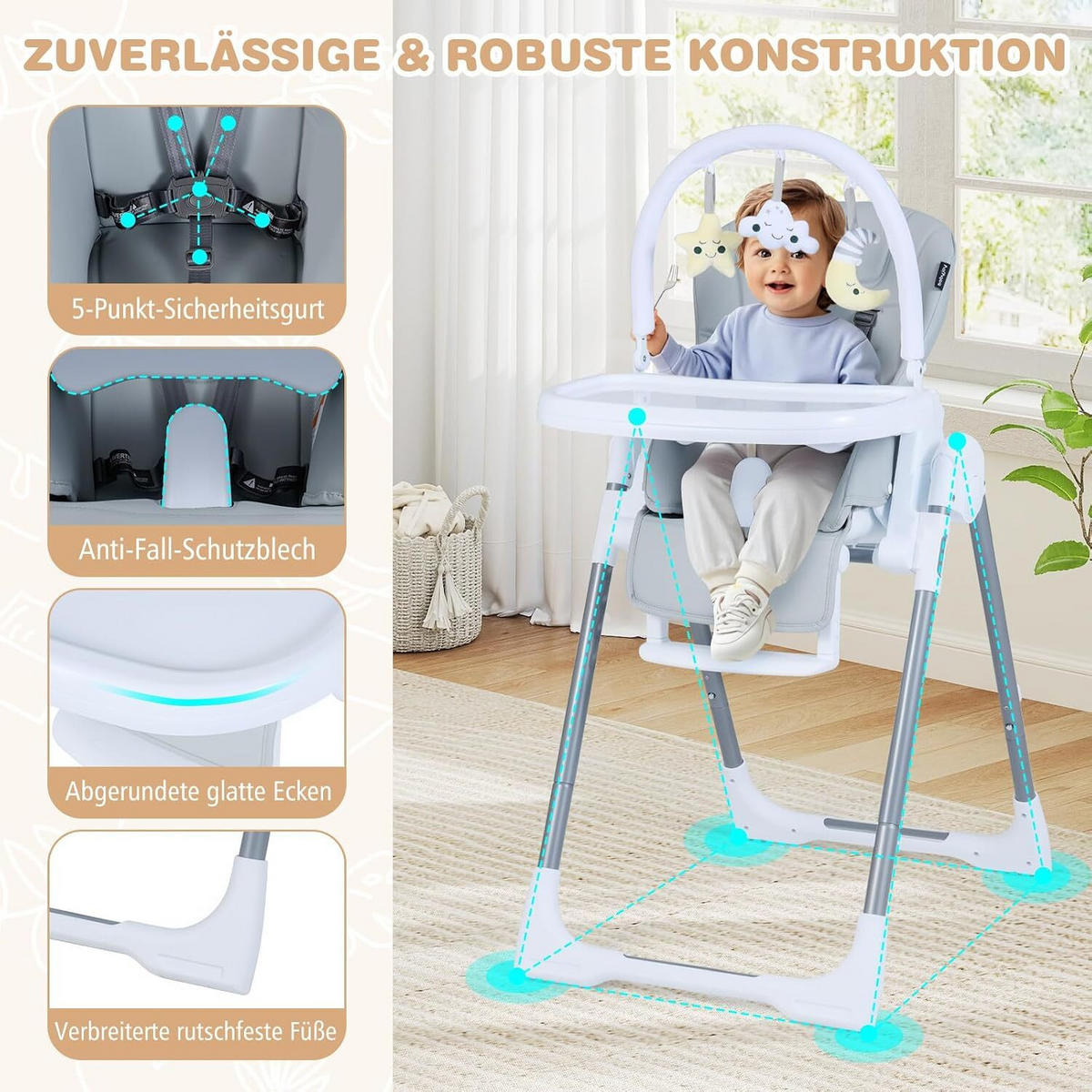 BABYSTUHL mit Spielbügel & Rollen hellgrau - Hellgrau, Metall (72/90.5/54cm) - COSTWAY