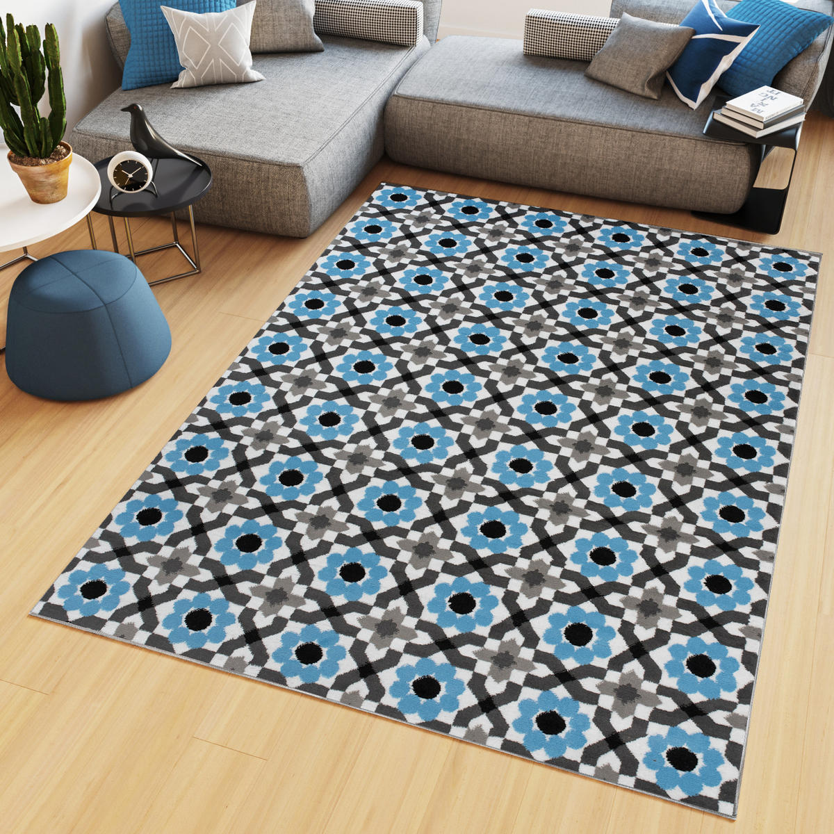TEPPICH MAYA Blau Floral Mosaik Geometrisch 300/400 cm - Blau, Textil (300/400cm) - Tapiso