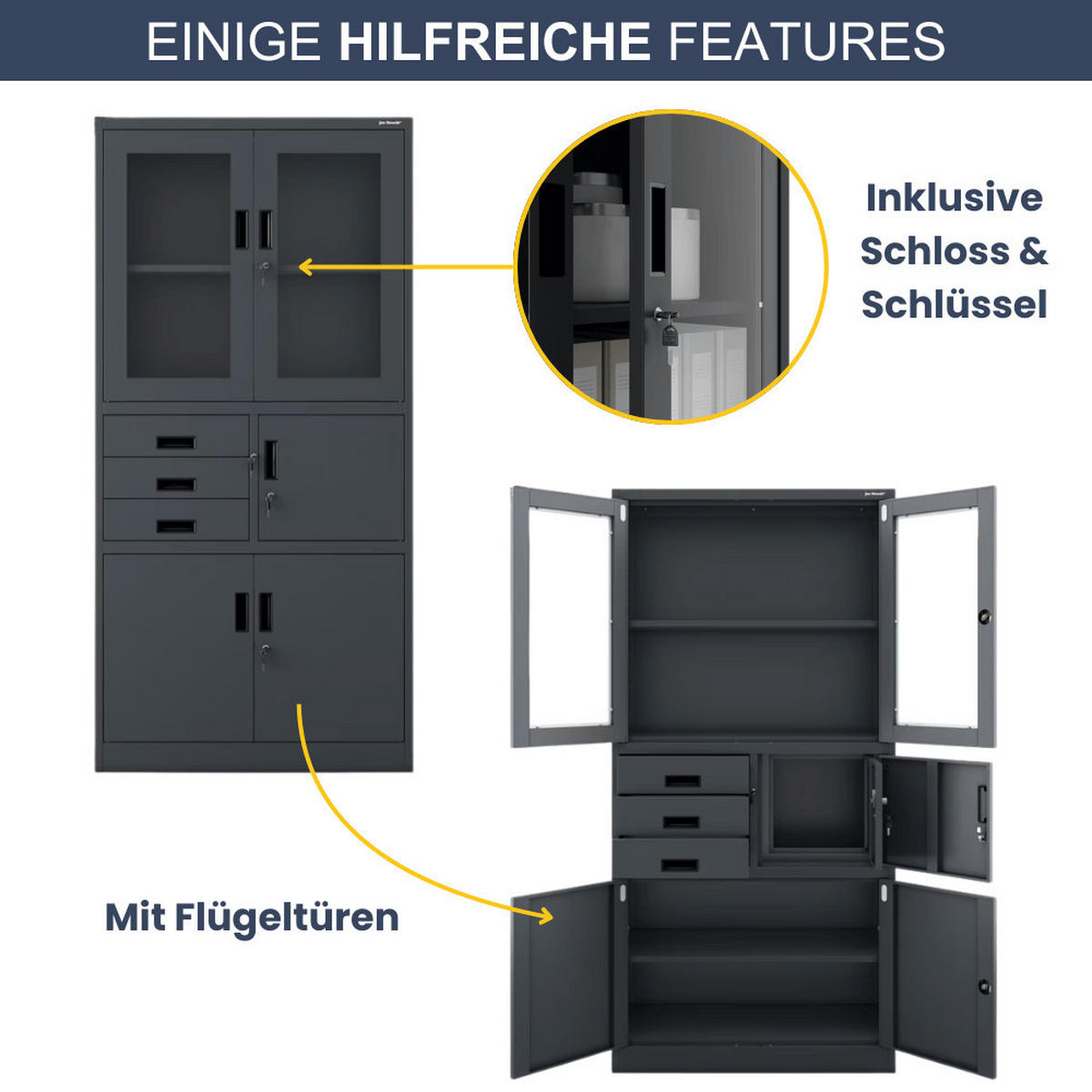 VITRINENSCHRANK abschließbar GEDO mit Tresor 185x90x40cm Anthrazit - Anthrazit, Metall (90/185/40cm) - DELUKE