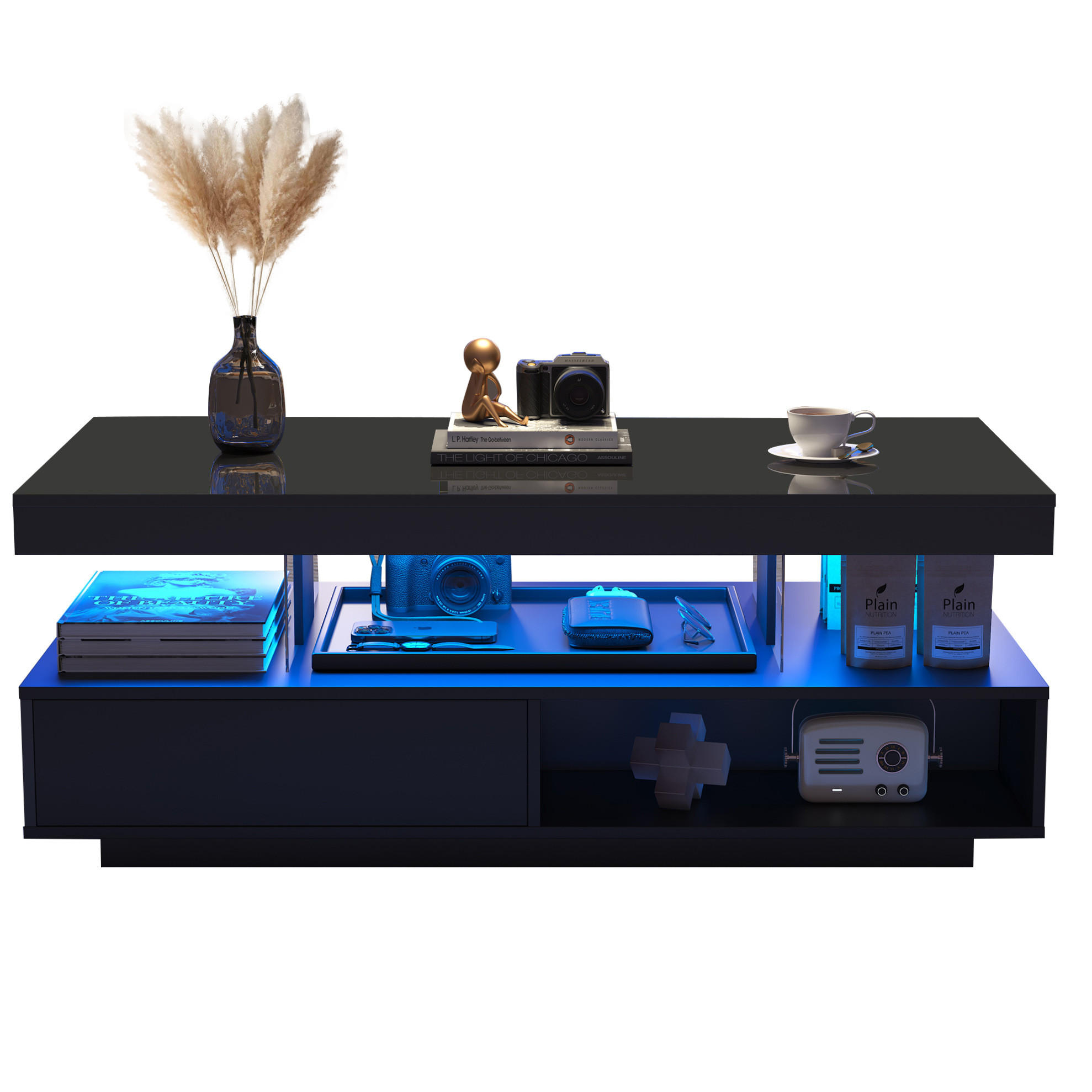 COUCHTISCH Schwarz Hochglanz mit 4 Glaseinsätzen, 2 Schubladen & LED per App, 95/50/42,5 cm,Schwarz - Schwarz, Holzwerkstoff (50/95/42.5cm) - Redom