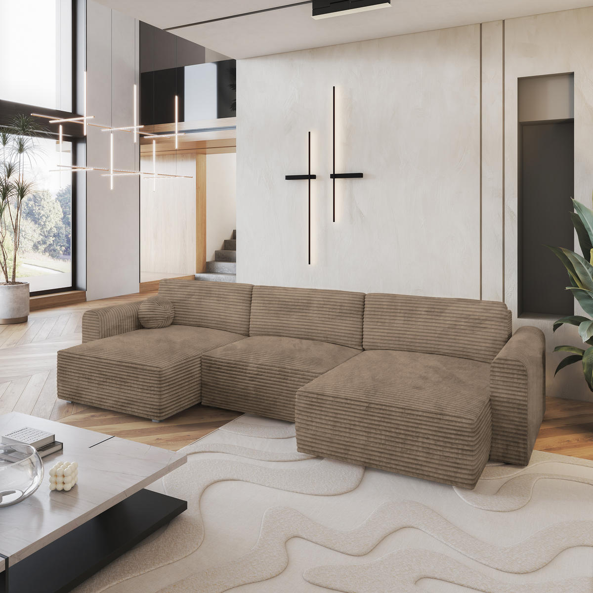 WOHNLANDSCHAFT FENTO Beige Kordstoff mit Schlaffunktion - Beige, Holz (347/90/148cm) - MASSENO