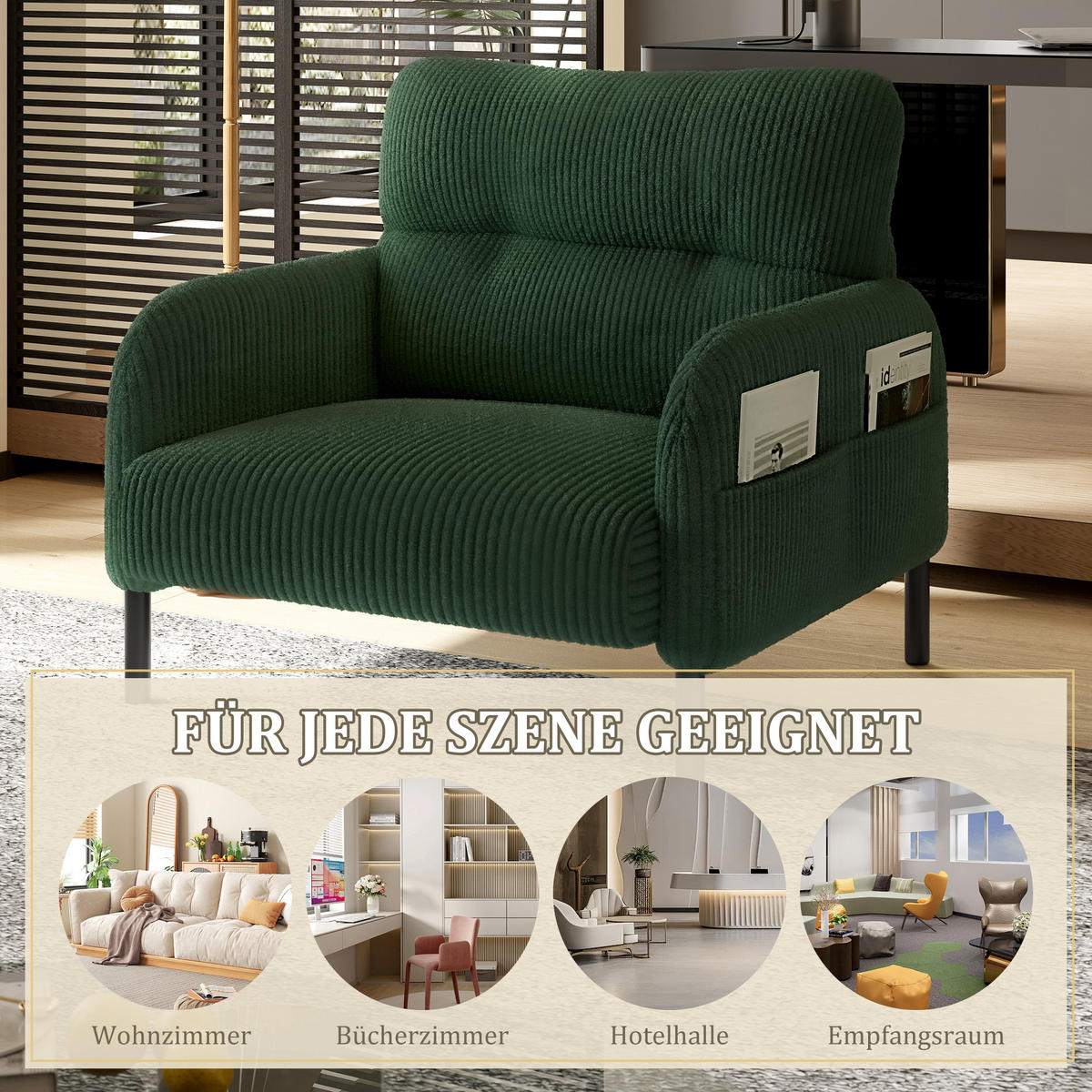 SESSEL Cord Smaragdgrün mit Seitentasche - Grün, Textil/Metall (67/79/75cm) - WISHDOR