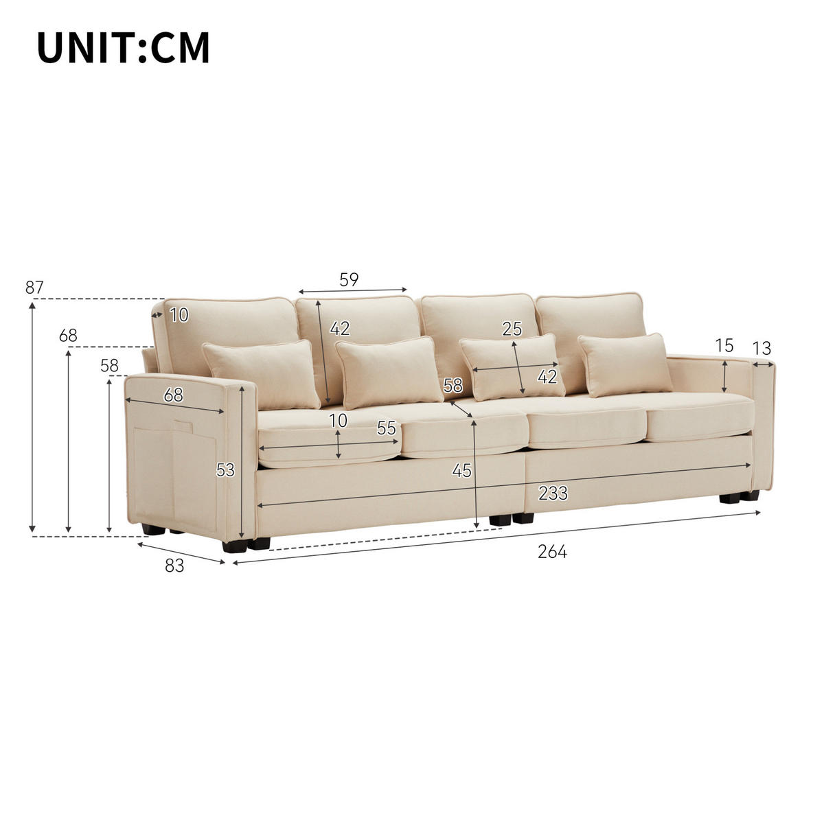 SOFA Viersitzer mit Armlehnentaschen 264 x 83 x 87 cm Leinen Beige - Beige, Kunststoff (83/87/264cm) - Meubliv