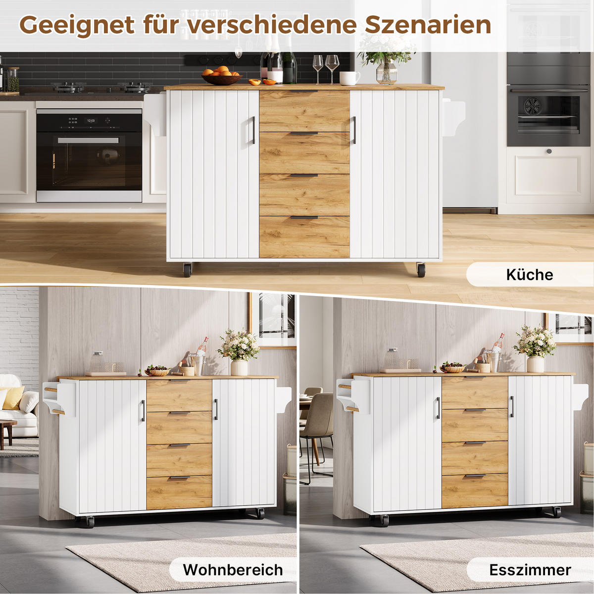 KÜCHENINSEL auf Rollen 120/45/90 cm Weiß mit klappbarer Arbeitsplatte, 4 Schublade und Gewürzregal - Silberfarben/Weiß, Holz/Holzwerkstoff (70/90/120cm) - Oxeza