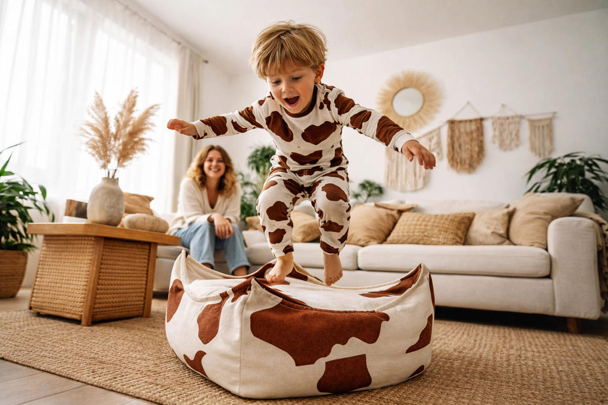 KINDER Sitzpouf Kuhmuster quadratisch – weiches Bodenkissen fürs Kinderzimmer - Creme/Braun, Textil (60/35/60cm) - Bees & Blooms