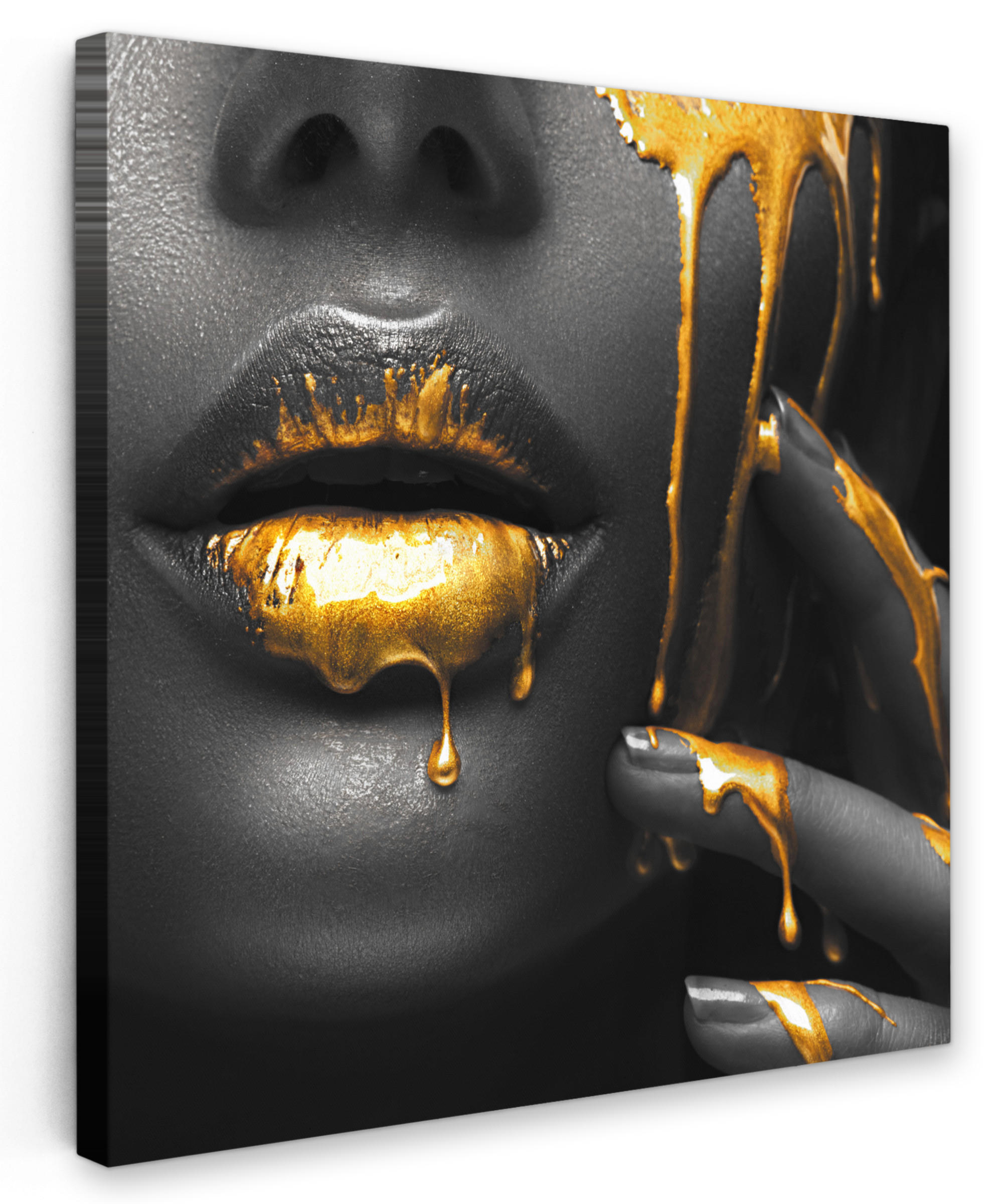 LEINWANDBILD Frau - Schwarz - Gold - Gesicht - Lippen 20x20 cm - Goldfarben, Textil (20/20cm) - MuchoWow