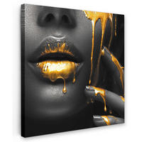 LEINWANDBILD Frau - Schwarz - Gold - Gesicht - Lippen 90x90 cm - Goldfarben, Textil (90/90cm) - MuchoWow