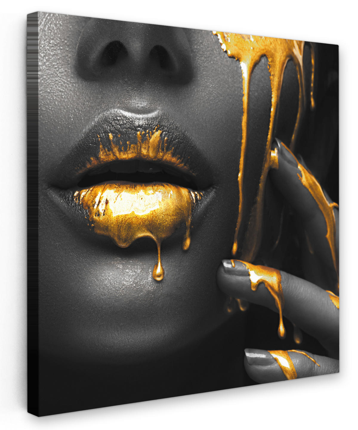 LEINWANDBILD Frau - Schwarz - Gold - Gesicht - Lippen 90x90 cm - Goldfarben, Textil (90/90cm) - MuchoWow