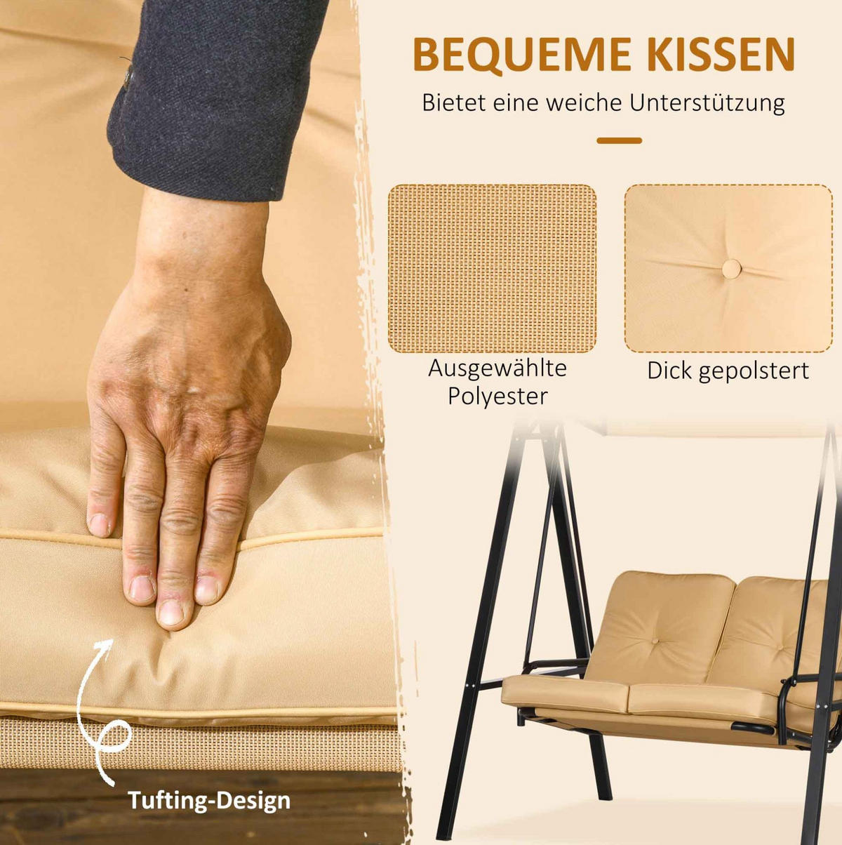 HOLLYWOODSCHAUKEL 138/106/174 cm aus Stahl mit verstellbarem Sonnendach und 2 gepolsterten Sitzen, Beige - Beige, Metall (106/174/138cm) - Redom