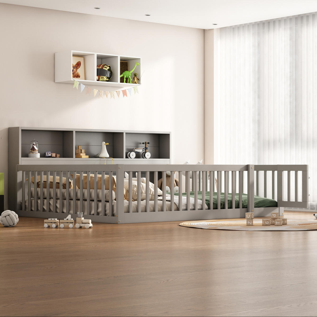 KINDERBETT 140/200 cm aus Kiefernholz und MDF mit Staufächern und Rausfallschutz - Grau, Holz (140/200cm) - BEAOK