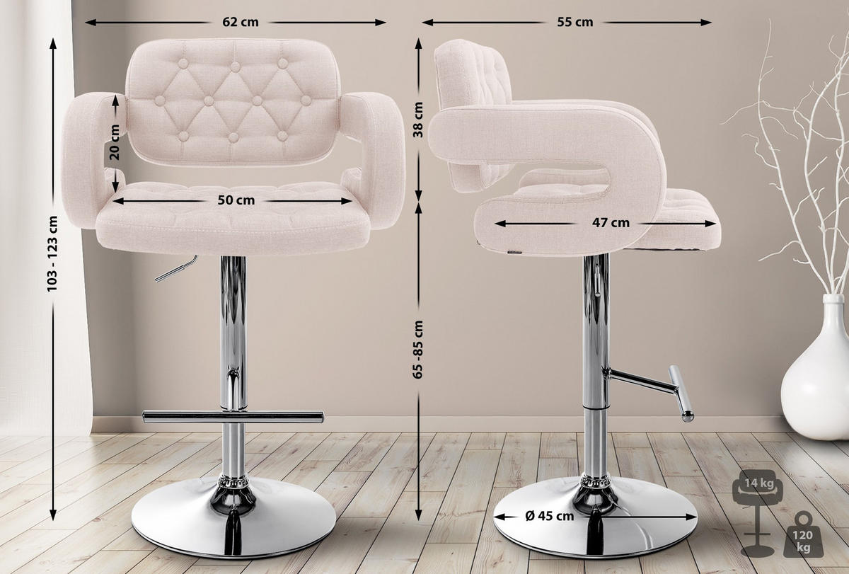 BARHOCKER 2er Set Stoff beige - Chromfarben/Beige, Textil/Metall (62/103/55cm) - CLP