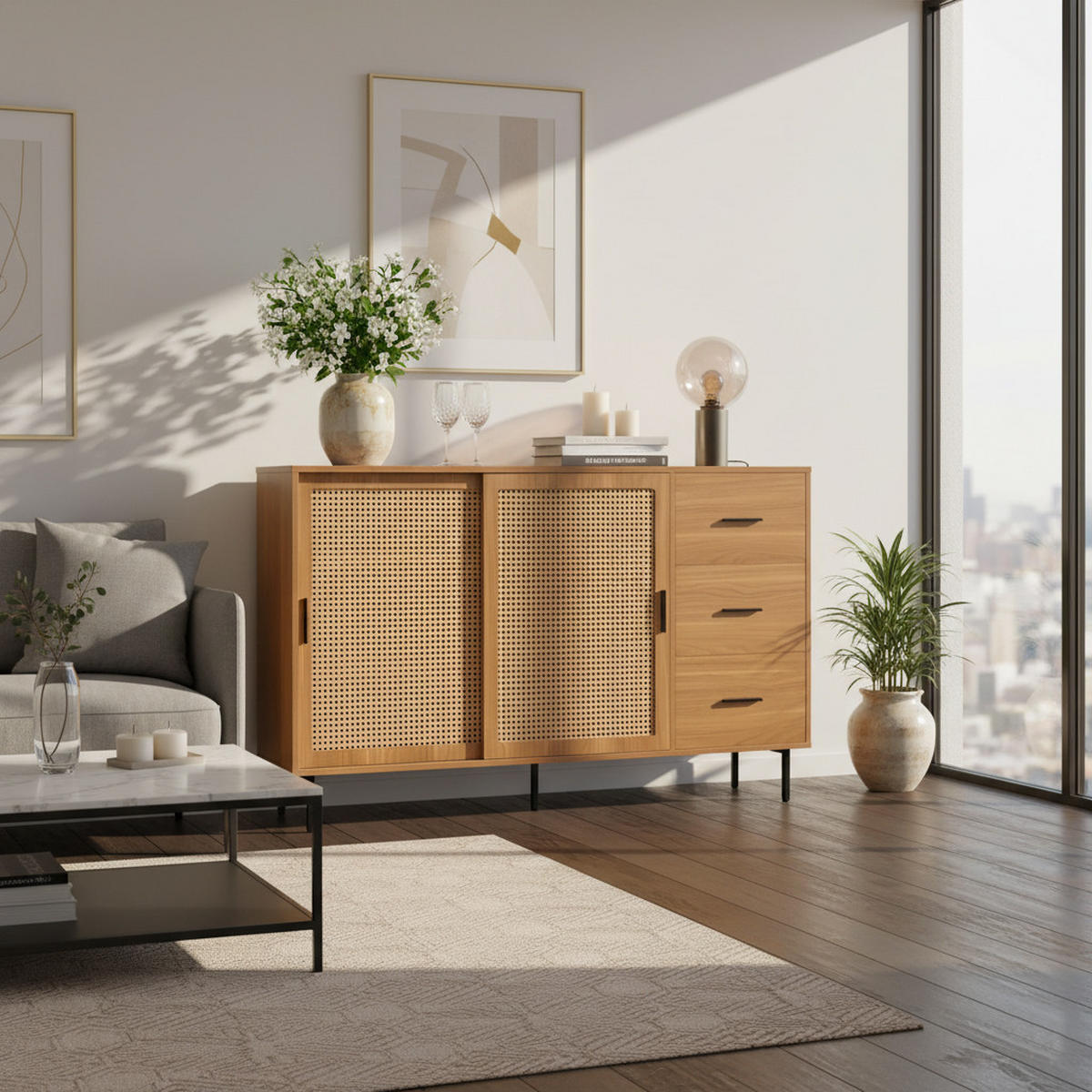 SIDEBOARD 2 Schiebetüren, 3 Schubladen, verstellbare Regale Wohnzimmer & Esszimmer Aufbewahrung - Braun, Holzwerkstoff (140/91/37cm) - Urban Meuble