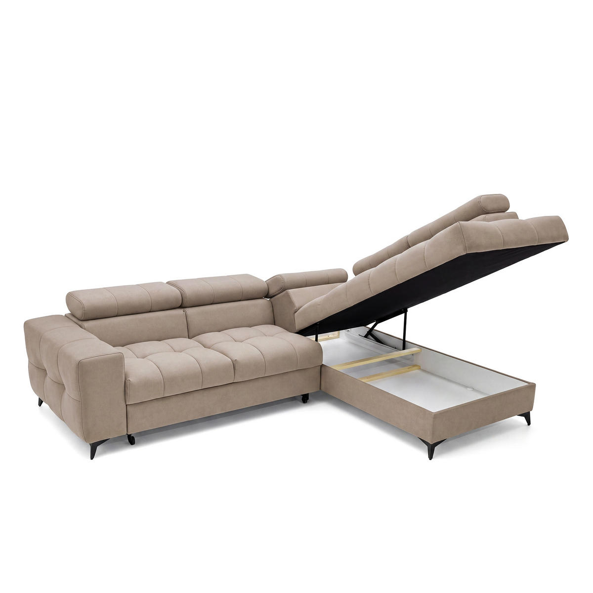ECKSOFA PUDDING L Rechts mit Schlaffunktion 125x195 Velours Beige - Beige/Schwarz, Holz/Textil (275/203cm) - Muffo