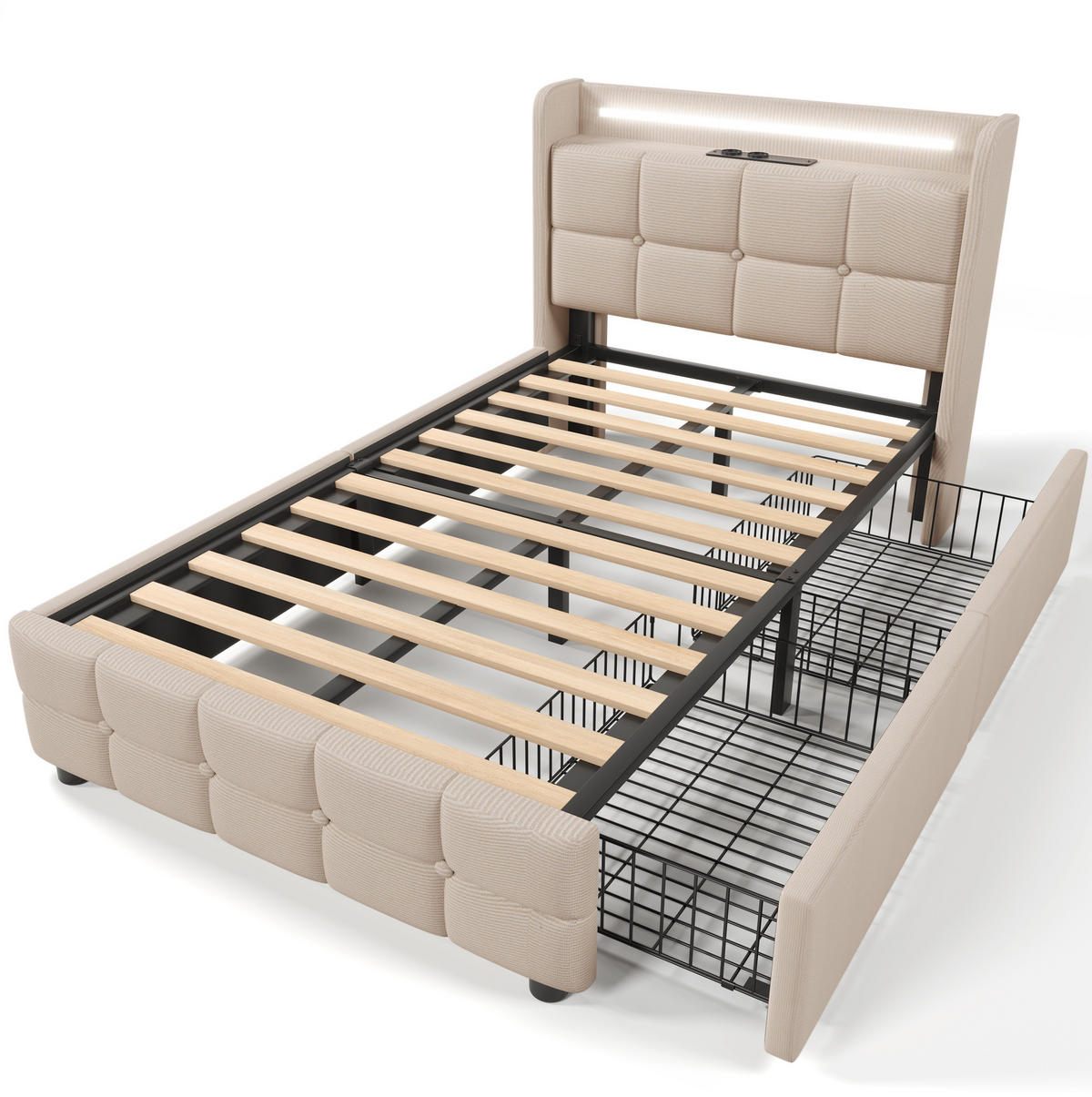 POLSTERBETT 90/200 cm Beige aus Holz mit LED, USB und 2 Schubladen - Beige, Holzwerkstoff (90/200cm) - OKWISH