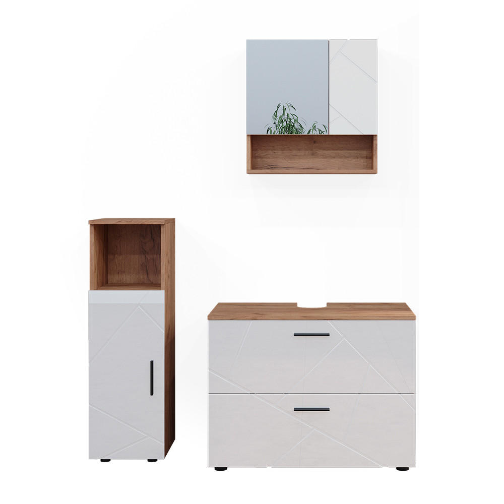 BADMÖBEL-SET Irma Weiß Hochglanz/Goldkraft Eiche 3 Teile mit Midischrank - Weiß Hochglanz/Eiche Wotan, Holzwerkstoff (80/58.6/41cm) - Vicco