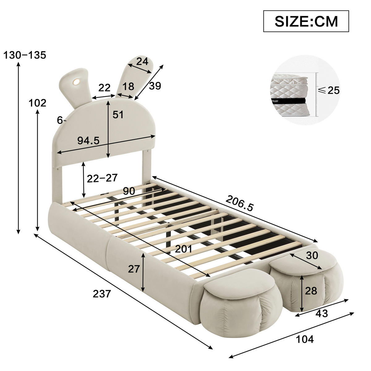 POLSTERBETT 90/200 cm Beige mit Hasenohren und LED-Beleuchtung - Beige, Textil (90/200cm) - OKWISH