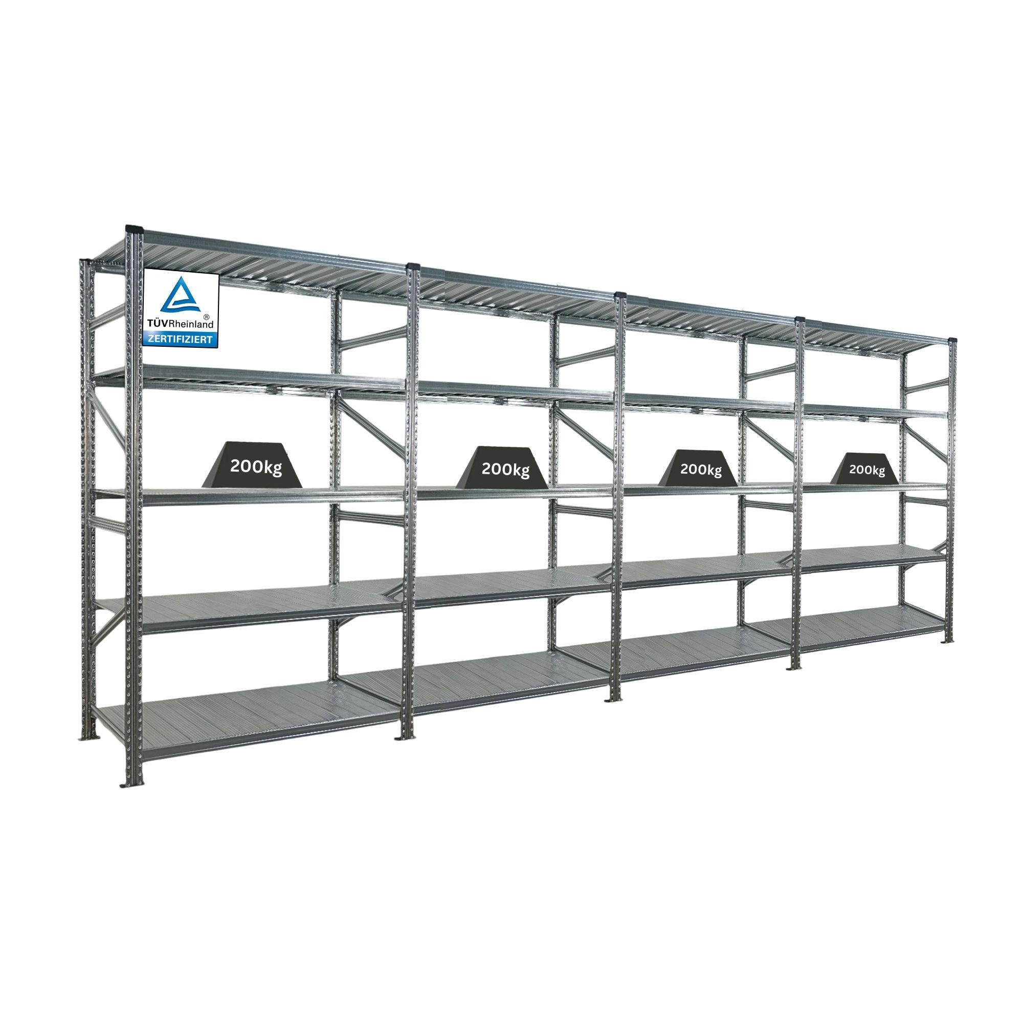 FACHBODENREGAL Proximo Stecksystem 200x480x70cm 5 Ebenen Fachlast 200 kg Beidseitig nutzbar Verzinkt - Silberfarben, Metall (480/200/70cm) - PROREGAL