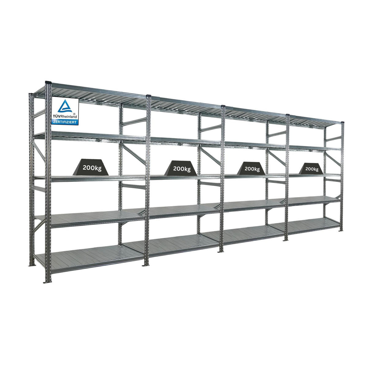 FACHBODENREGAL Proximo Stecksystem 200x480x70cm 5 Ebenen Fachlast 200 kg Beidseitig nutzbar Verzinkt - Silberfarben, Metall (480/200/70cm) - PROREGAL