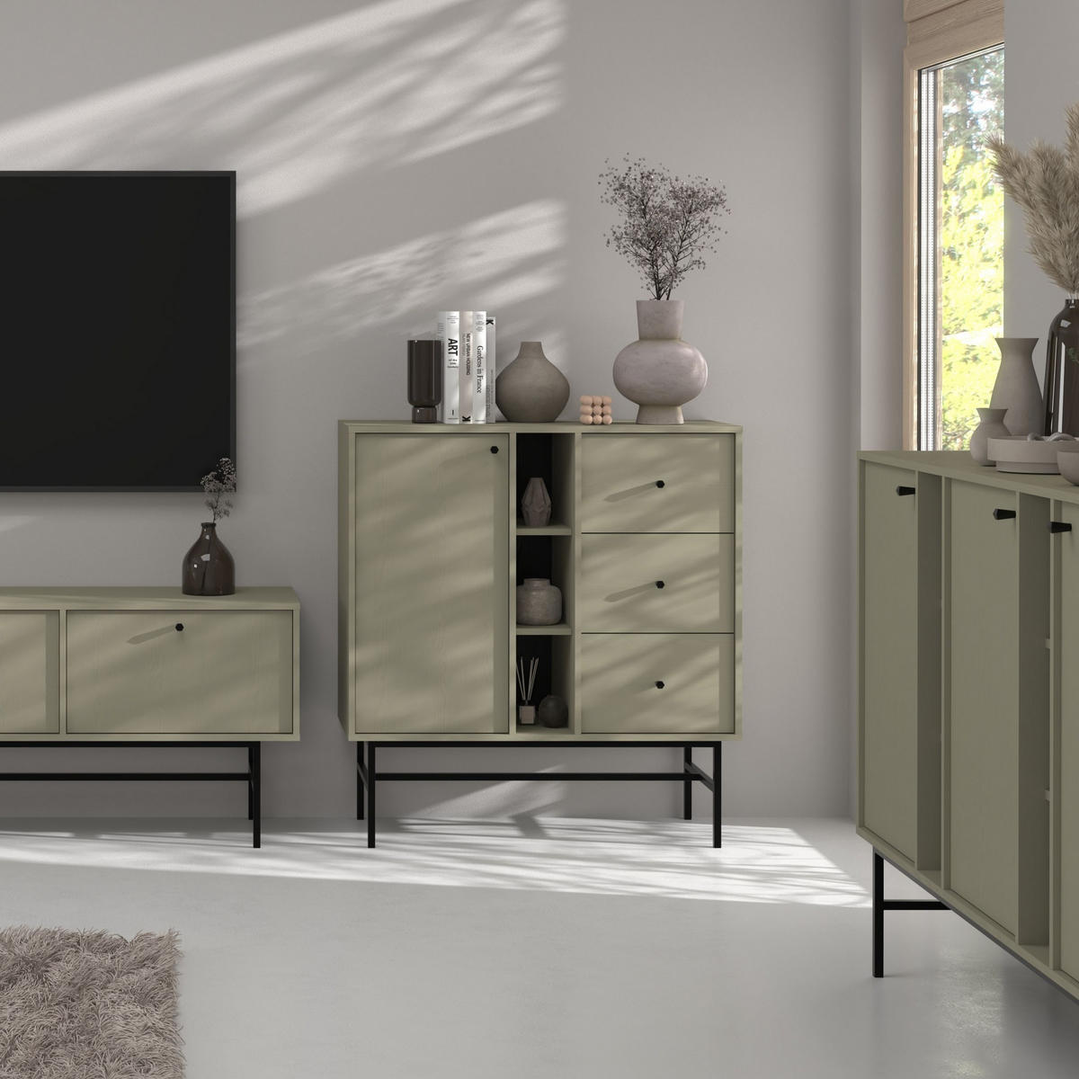 KOMMODE TORINO 100/108/41 cm mit 3 Schubladen 1 Türen Hellgrün - Hellgrün, Holzwerkstoff (100/108/41cm) - MASSENO