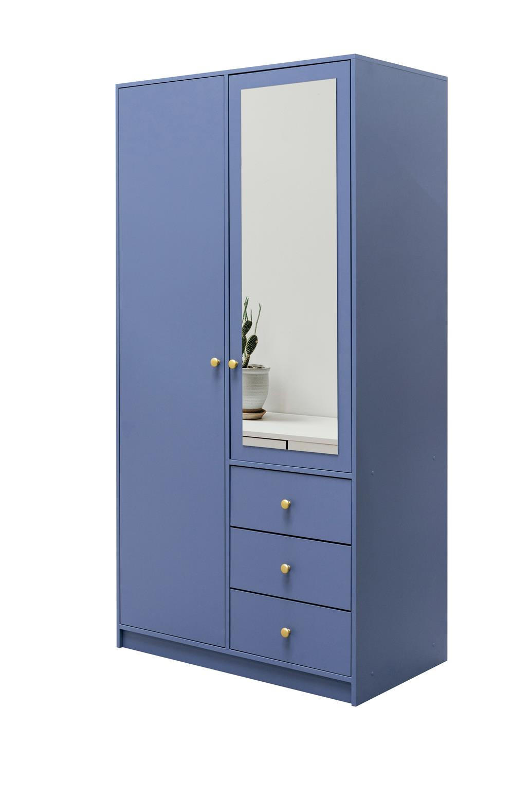 KLEIDERSCHRANK Rainbow Hellblau, zweitüriger Drehtürenschränk mit Spiegel und Schubladen - Hellblau, Holzwerkstoff (100/200/58cm) - Bettso