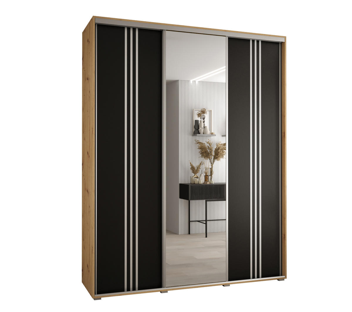 SCHWEBETÜRENSCHRANK 235,2/200/45 3-türig - Silberfarben/Schwarz, Holz/Metall (200/235/45cm) - Abiks Möbel