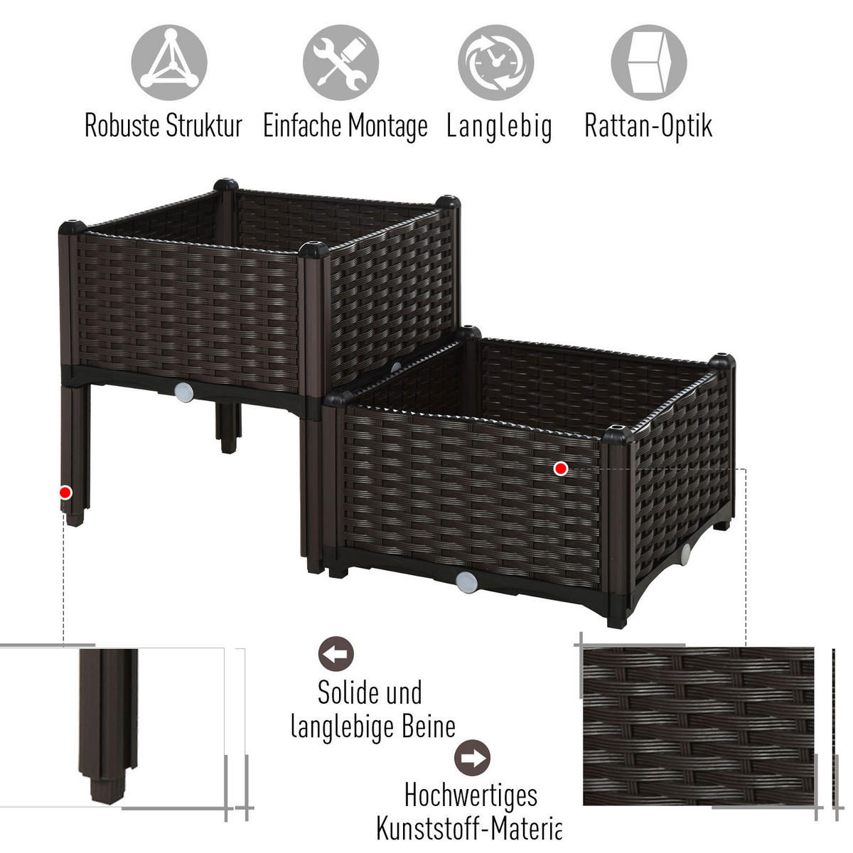HOCHBEET 80x40x44 cm Rattanoptik braun - Braun, Kunststoff (40/44/40cm) - LEBENLANG