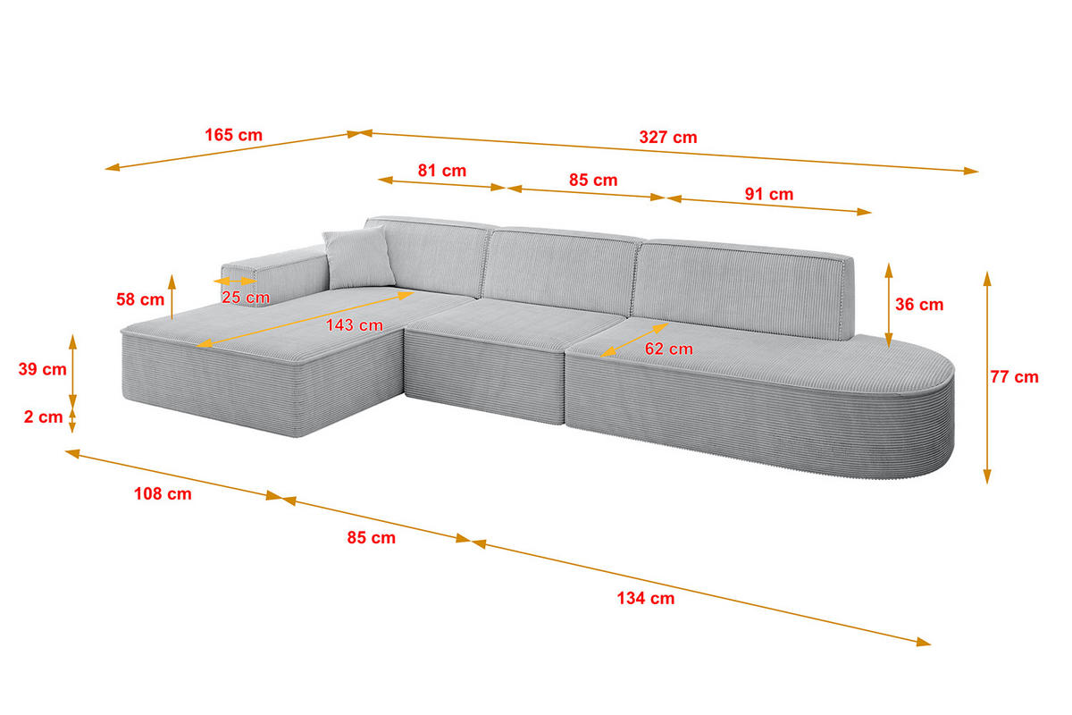ECKSOFA Ottomane Links IREA-L2-v4 - 327x165x77 cm Grau - Grau, Holzwerkstoff/Textil (327/165cm) - ALTDECOR