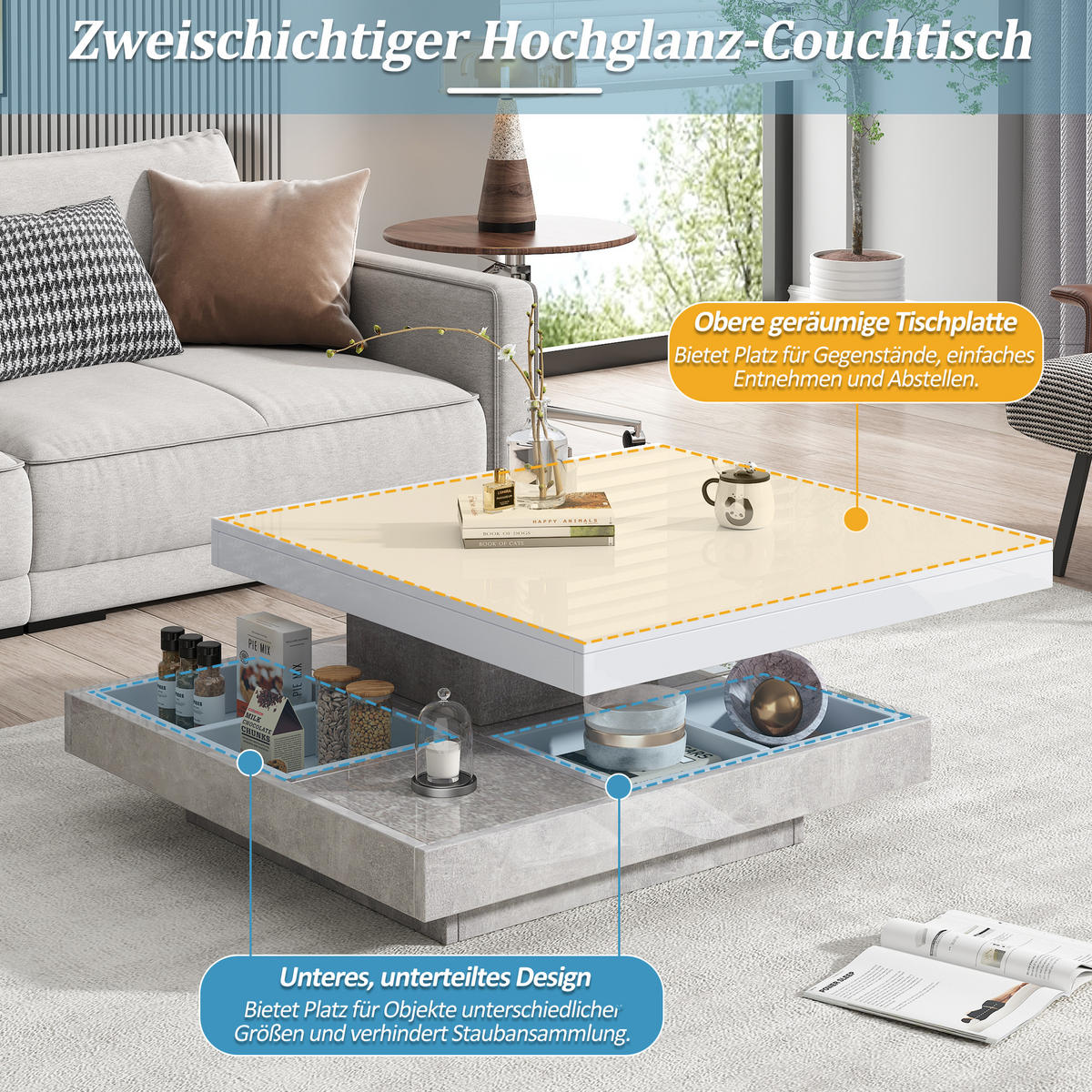 COUCHTISCH aus Spanplatte 70x70x36 cm in Weiß mit 360°-Drehfunktion - Weiß, Holzwerkstoff (70/70/36cm) - Modfu
