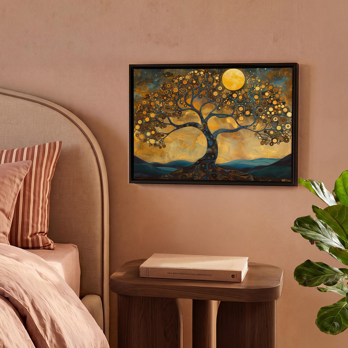 LEINWAND Bilder mit Rahmen - Baum - Mond - Blumen - Gold - Kunst - 40x30 - Orange, Textil (40/30cm) - MuchoWow