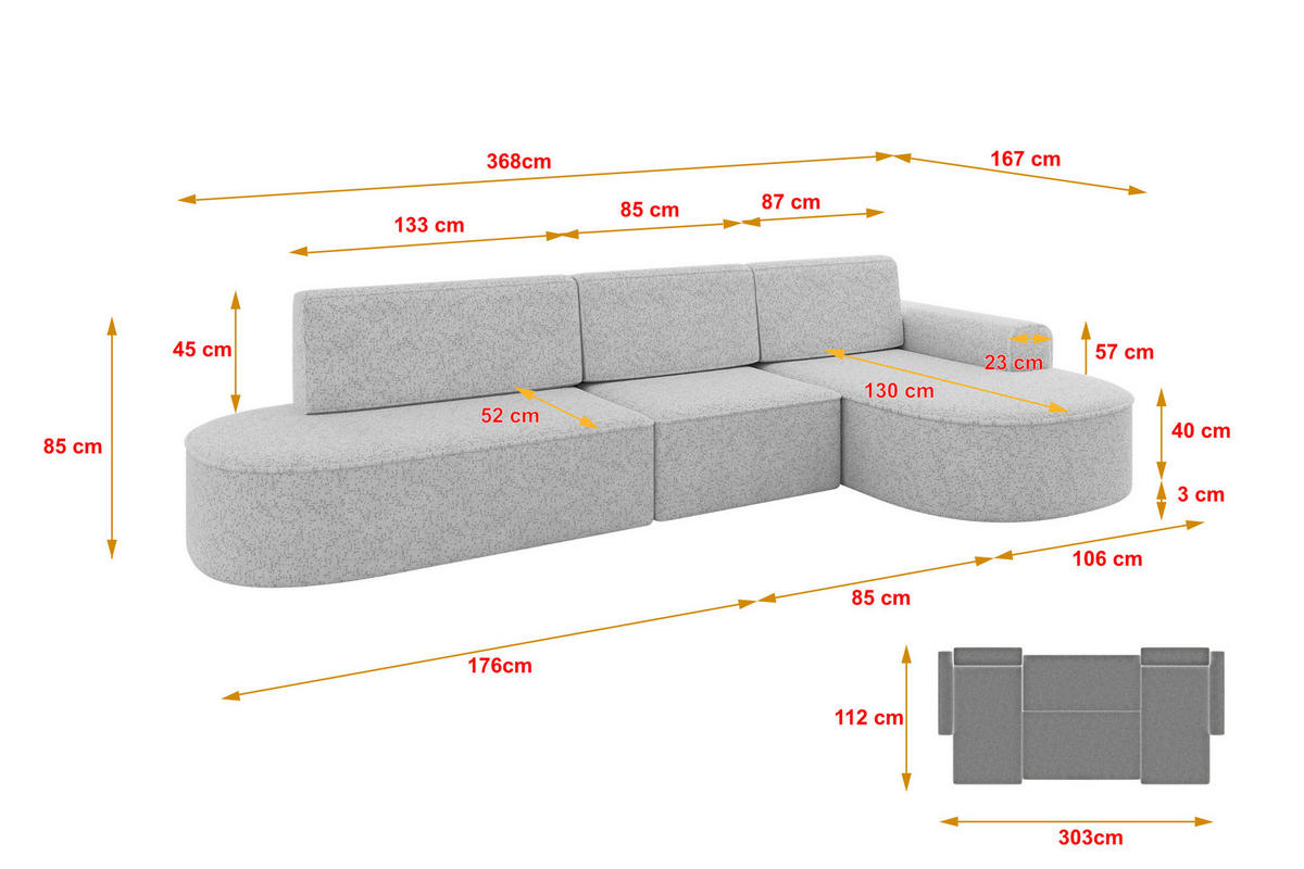 ECKSOFA mit Schlaffunktion Ottomane RECHTS MARI L2-S 368X167X85 Grau Velours - Taupe/Schwarz, Holzwerkstoff/Kunststoff (167/368cm) - ALTDECOR