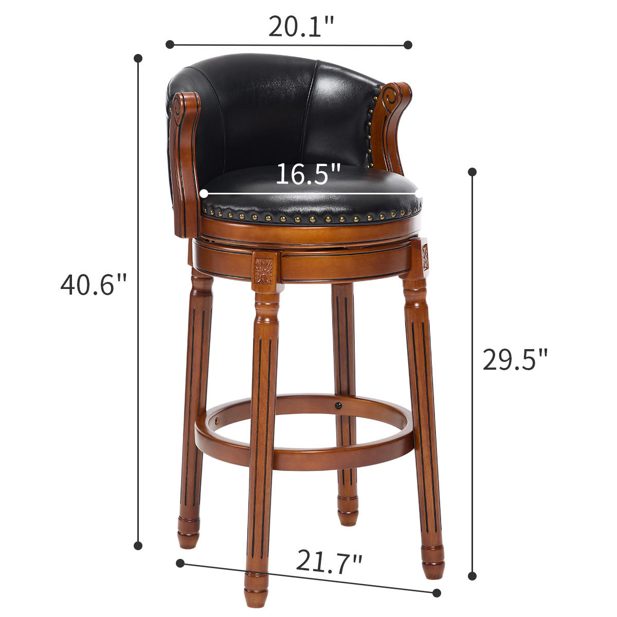 BARHOCKER 1er-Set Schwarz aus Echtleder & Holz 360° Drehbar mit Rückenlehne - Schwarz, Holz (54.8/96/54.8cm) - PANGIVO