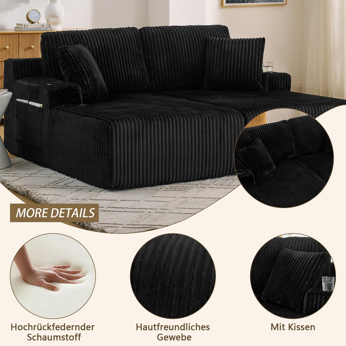 SCHLAFSOFA 186/154/78 cm Schwarz Cord mit seitlicher Magazintasche und Getränkehalter - Schwarz, Textil (186/78/154cm) - Oxeza