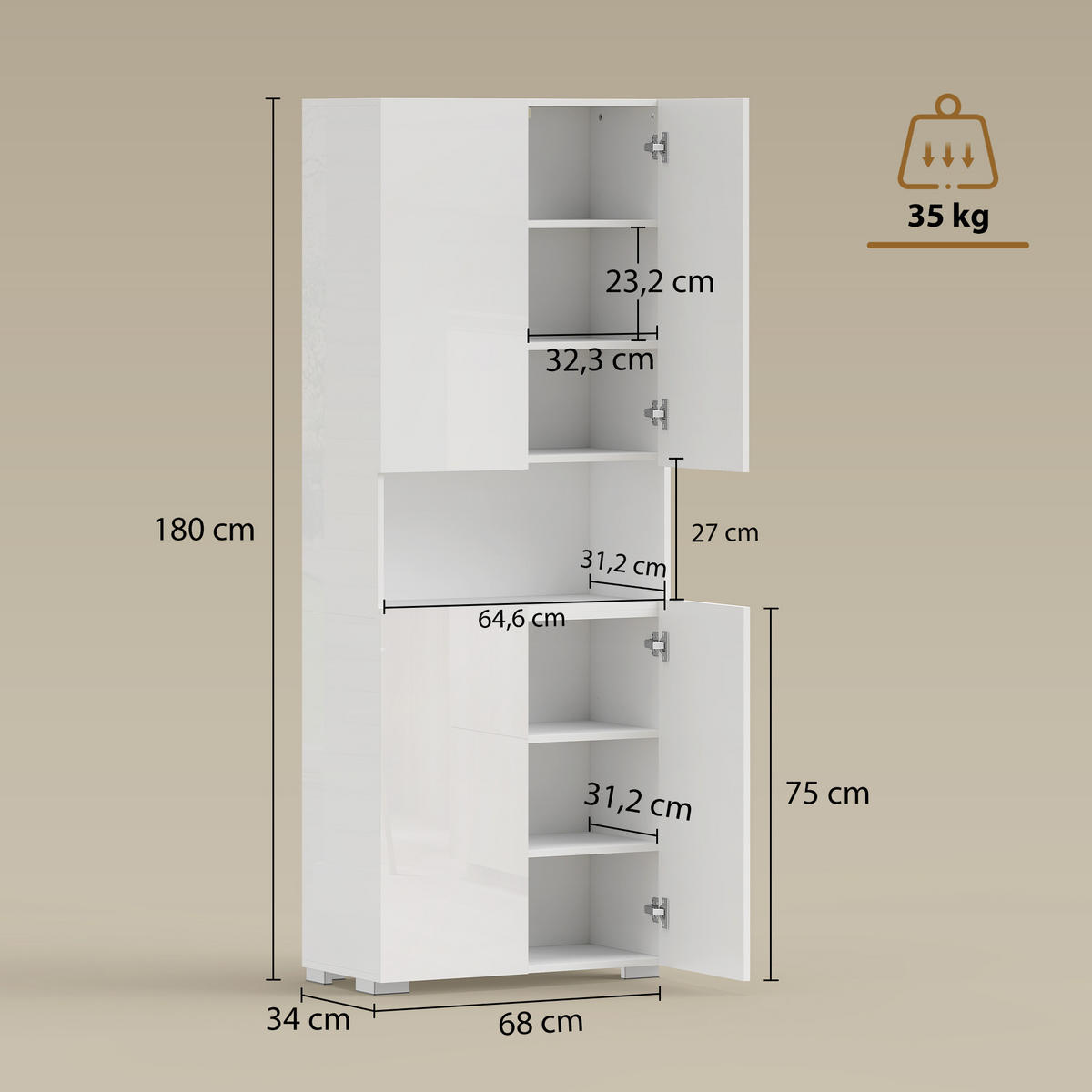 KÜCHENSCHRANK aus MDF 68/34/180 cm Hochglanzweiß - Weiß Hochglanz/Weiß, Holzwerkstoff (34/180/68cm) - HOMCOM