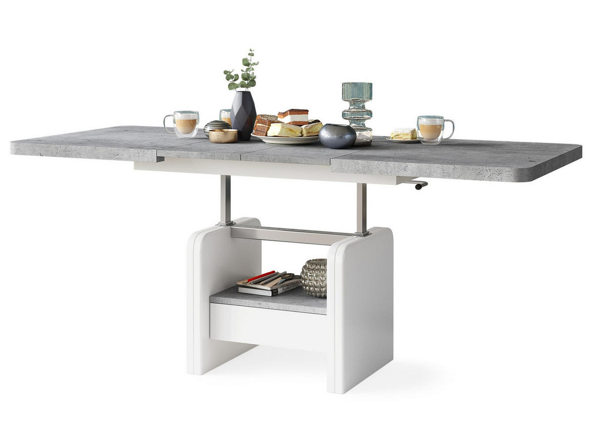 COUCHTISCH rechteckig Beton - Weiß höhenverstellbar ausziehbar - Hellgrau/Weiß, Holzwerkstoff (75/180/75cm) - designimpex