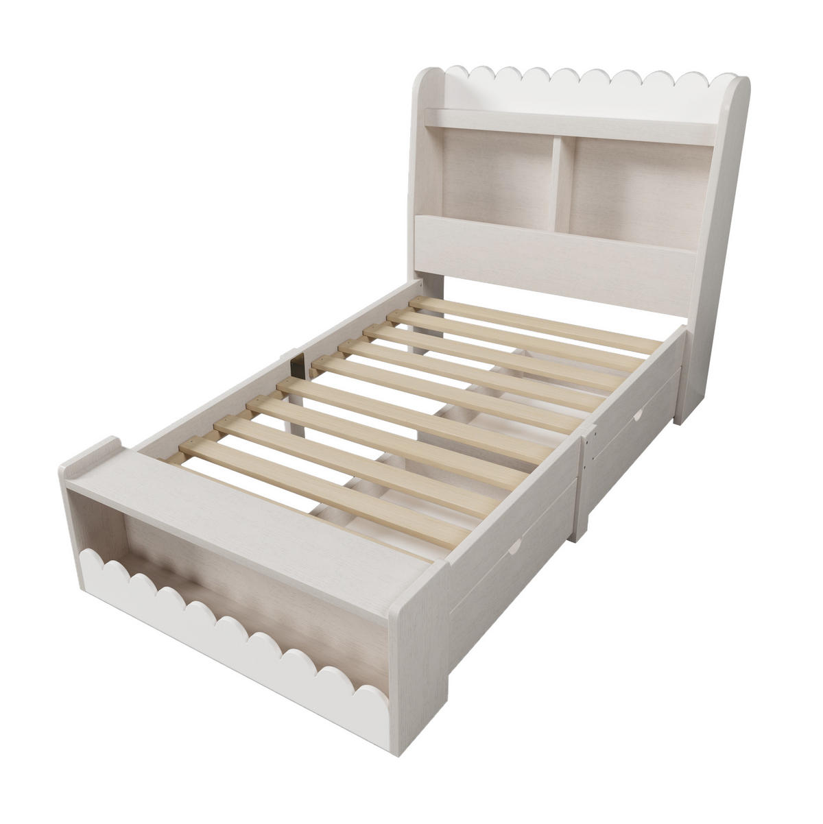 KINDERBETT 90/200 cm mit 2 Schubladen, Regal, Sitzbank mit Stauraum und Lattenrost aus Massivholz und MDF, Weiß/Eichefarben - Weiß, Holzwerkstoff - Redom