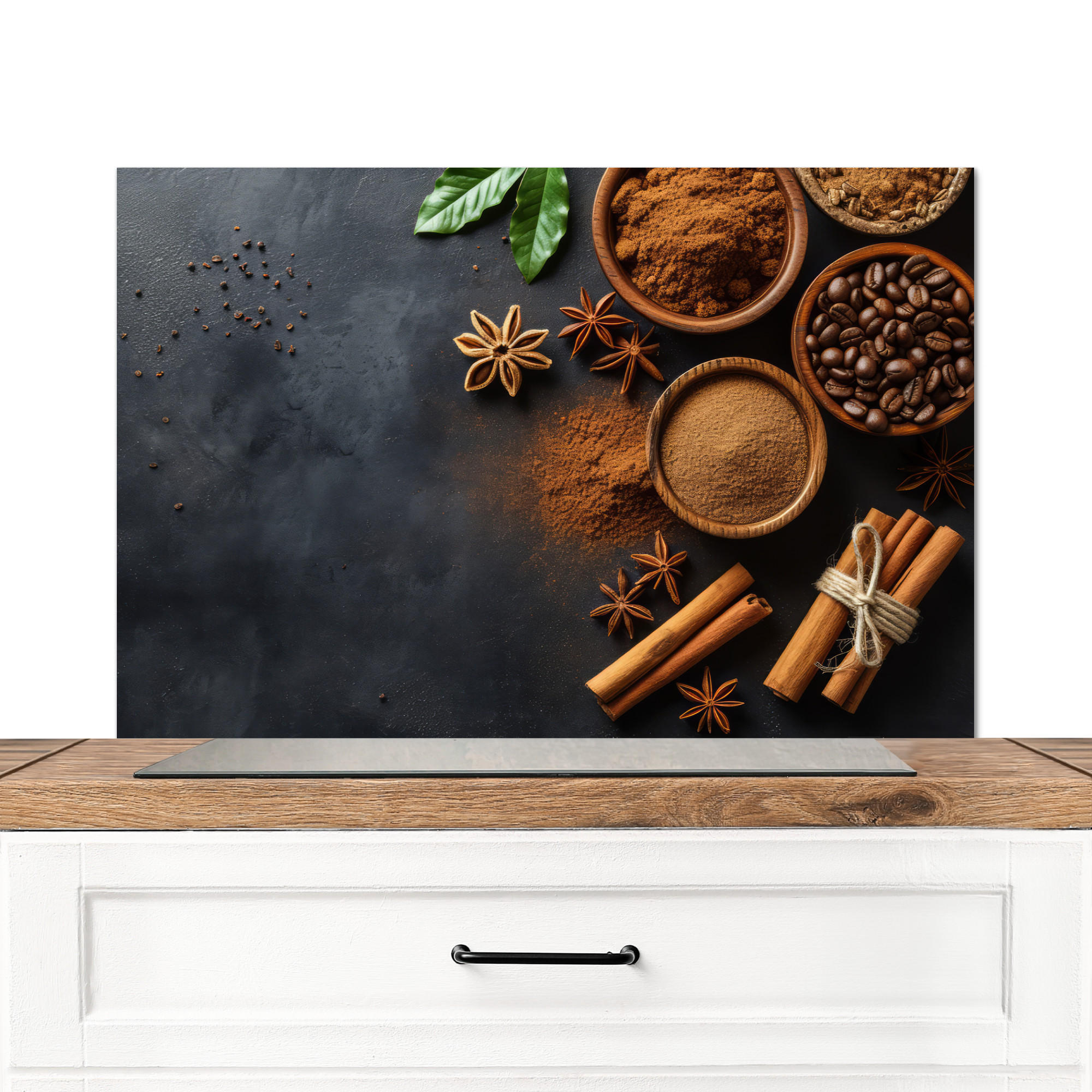 SPRITZSCHUTZ KÜCHE Zimt - Beton - Kaffee - Zimtstangen - Gewürze 90x60 cm - Mokka, Metall (90/0.3/60cm) - MuchoWow