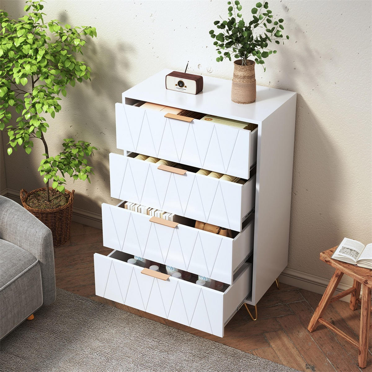KOMMODE mit 4 Schubladen - Rautenmuster-Design und goldene Metallbeine - für Wohnzimmer und Schlafzimmer - Weiß - Weiß, Holzwerkstoff (60/90/34cm) - DELFA