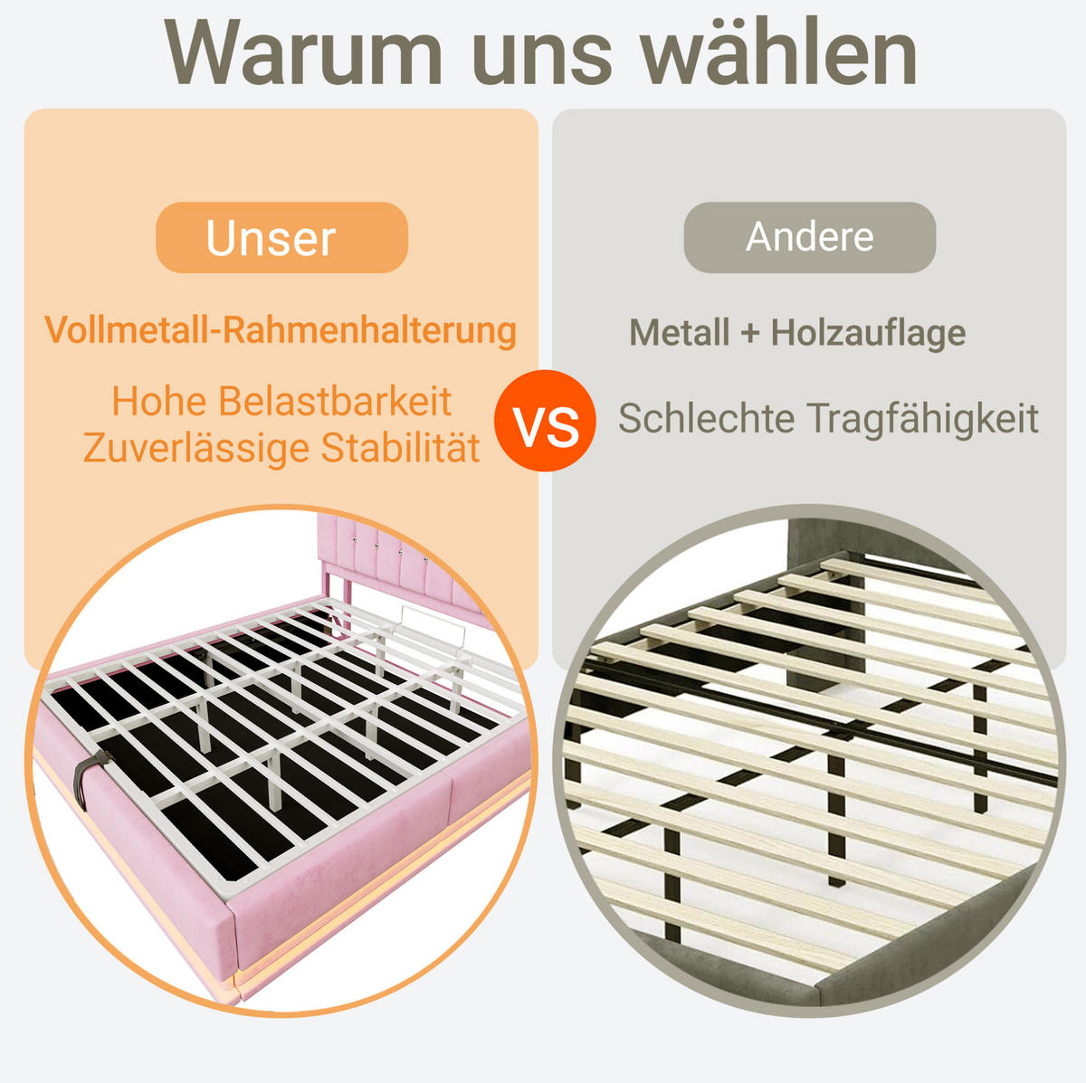 POLSTERBETT aus MDF, Metall und Samt 160x200 cm Rosa mit LED, USB-Anschlüssen und hydraulischem Bettkasten - Pink, Textil (160/200cm) - Modfu