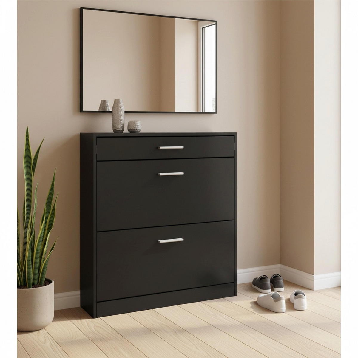 SCHUHSCHRANK Roma Schmal mit 2 Klappen und 1 Schublade, Platzsparender Schuhkipper, Schwarz matt (89 x 95,5 x 23 cm) - Schwarz, Holzwerkstoff (89/95.5/23cm) - InnoFurn