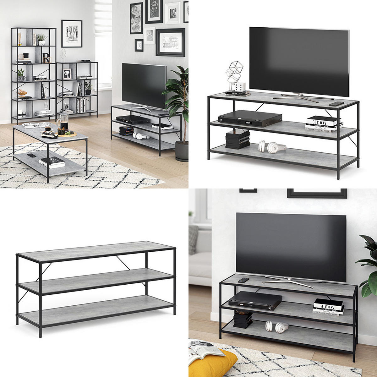 LOWBOARD Fyrk, Beton/Schwarz, 120 x 53 cm - Schwarz/Grau, Holzwerkstoff (120/53/39.5cm) - Vicco