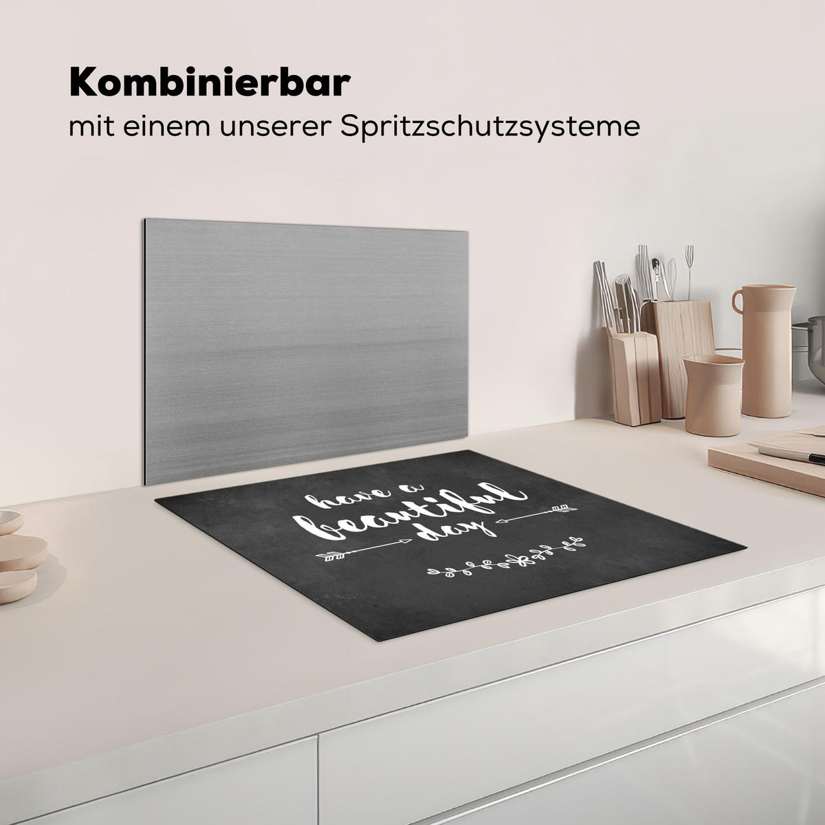 HERDABDECKPLATTE Zitat - Einen schönen Tag - Grau - Weiß Herdabdeckung Induktionsfeld 60x52 cm - Anthrazit, Kunststoff (60/52/0.2cm) - MuchoWow