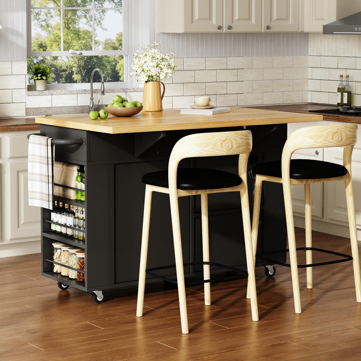KÜCHENINSEL 84 cm MDF Natur Schwarz mit Klappbarer Arbeitsplatte und USB-Steckdose - Schwarz, Holzwerkstoff (70/84/120cm) - Korfee